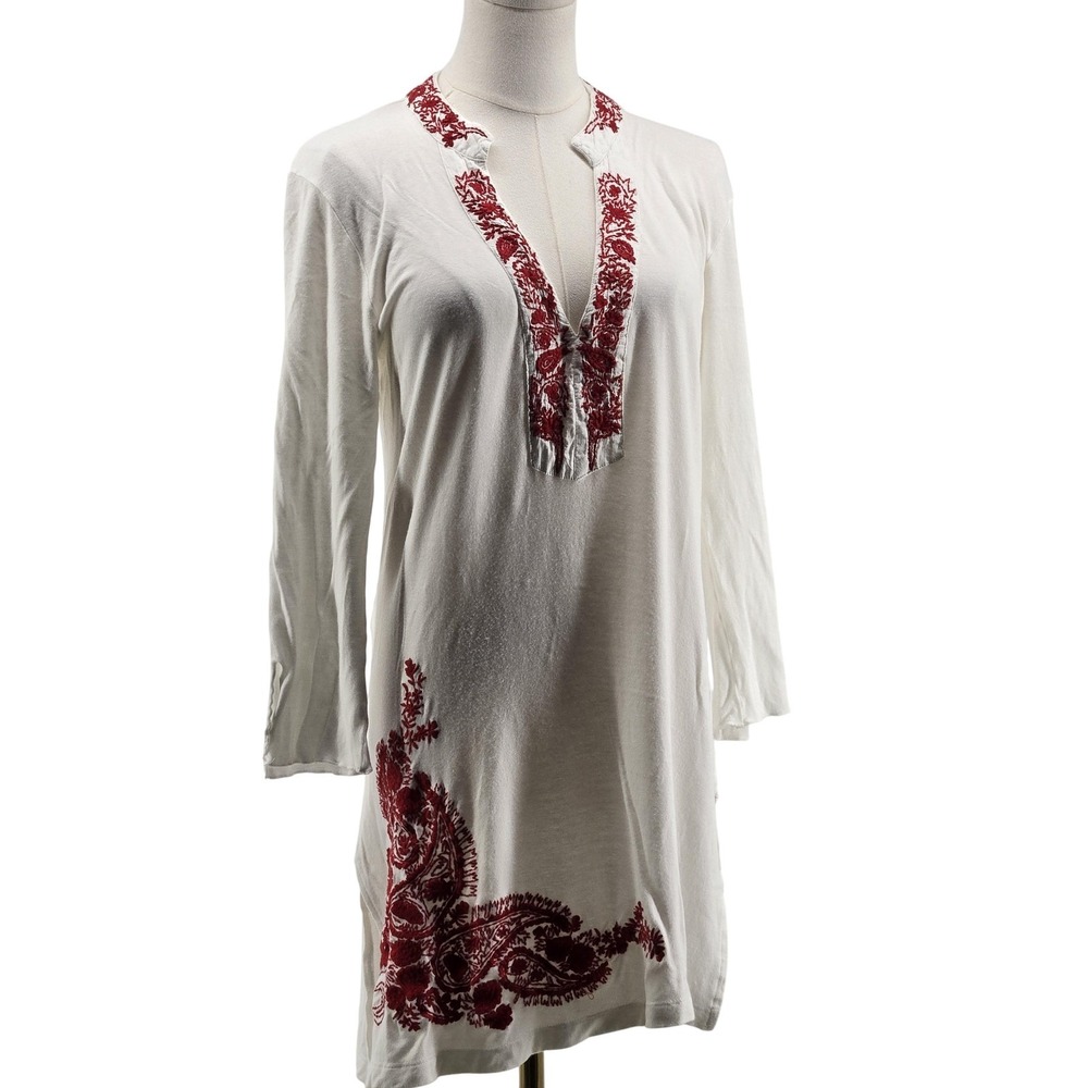 CAITE Dress Womens L White T-Shirt Dress V-Neck Boho Embroidered Side Slit‎
